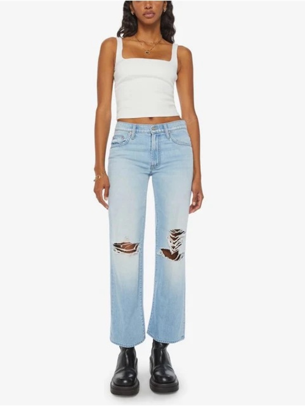 MOTHER Mid Rise Rambler Zip Flood Ripped Off Jeans